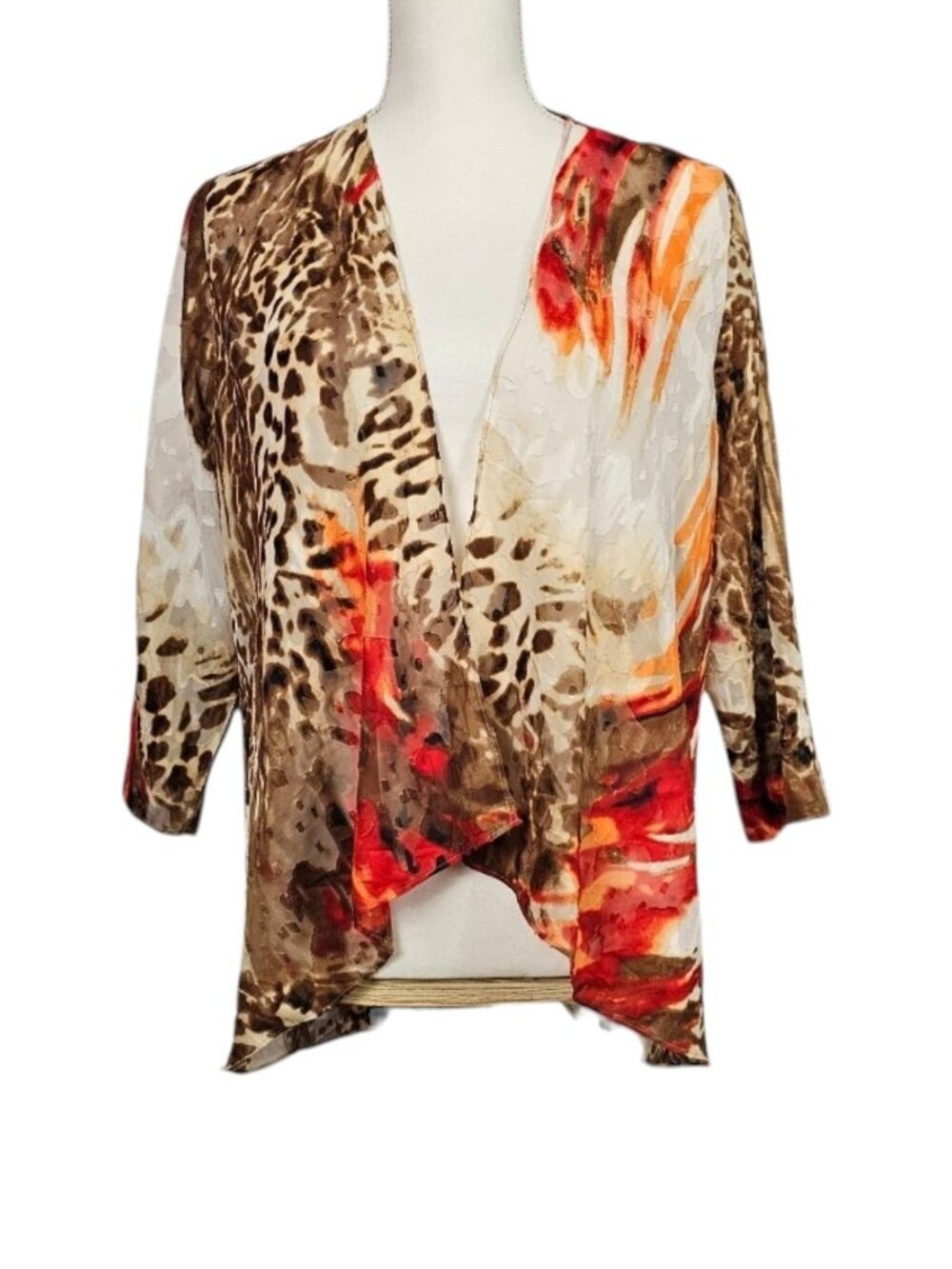 Chico's Easywear Sheer Animal Print Waterfall Cardigan Multicolor 3/4 Sleeve 1